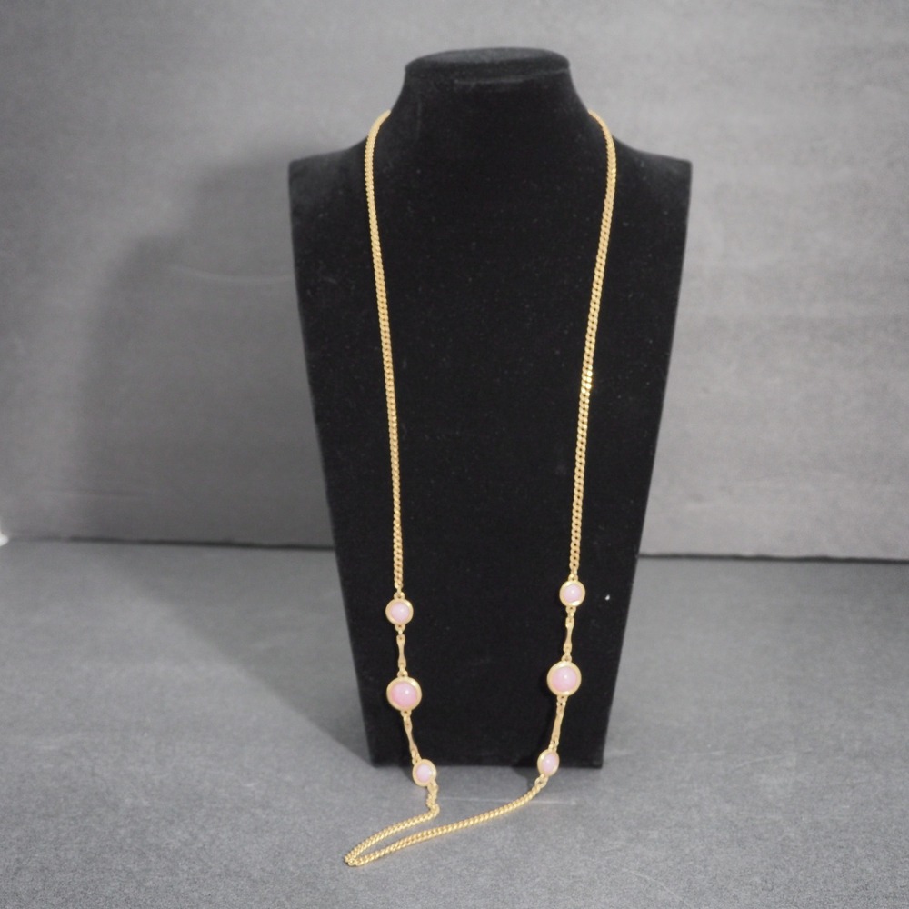 Sarah Coventry Necklace Gold Tone Pink Cabochon Station Chain Long Vintage Chic